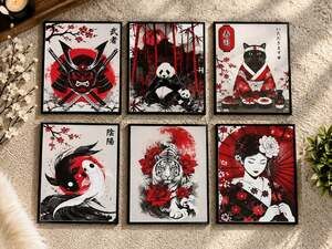 Japanese Art Canvas Wall Art Prints Set of 6 Red Black Decor